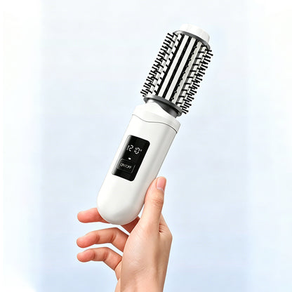 2 in 1 Cordless Hair Straightener Brush Curling Iron with LCD Display-White