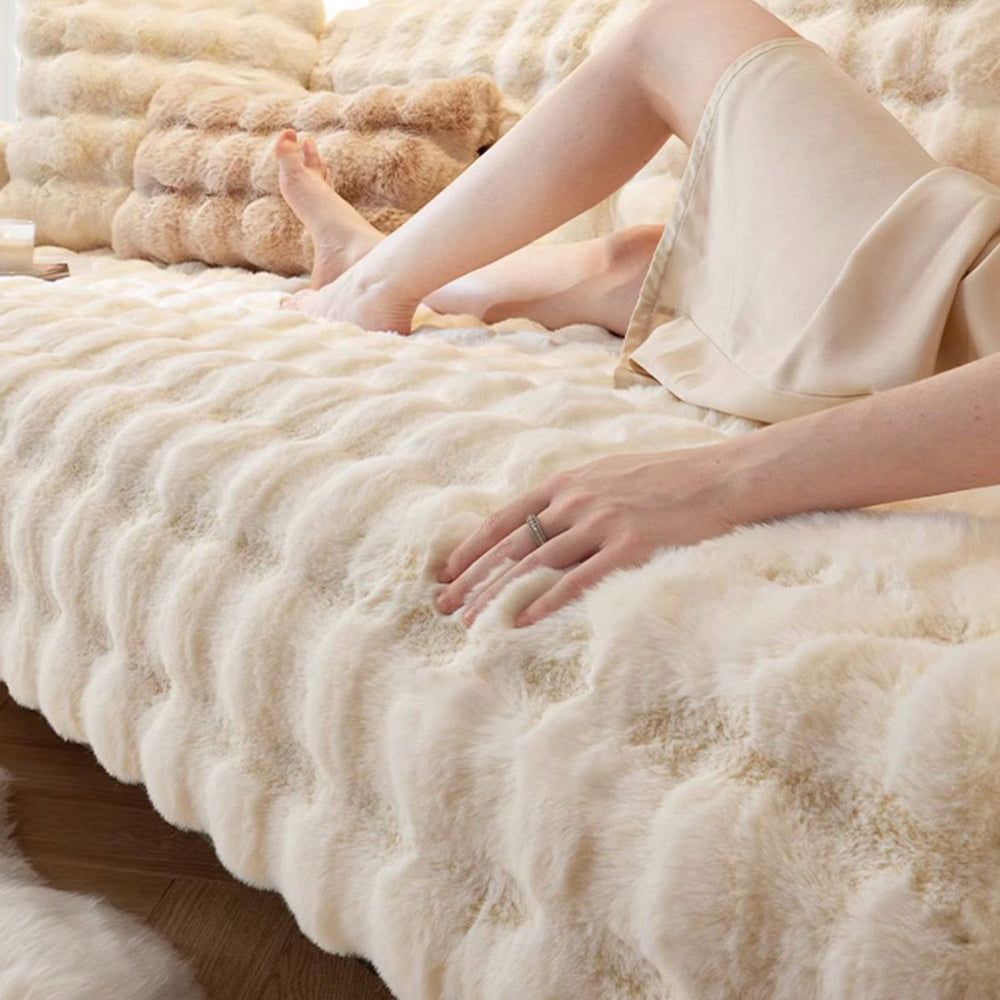 Fuzzy Couch Seat Cover Non Slip Plush Sofa Seat Cover Sofa Furniture Protector Beige