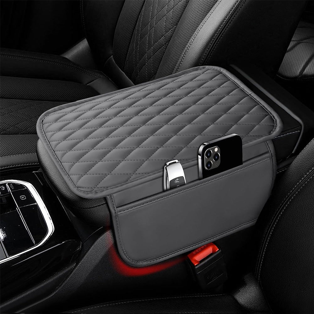 PU Leather Car Center Console Cover with 2 Storage Pocket Car Arm Rest Cover Car Interior Accessories Grey