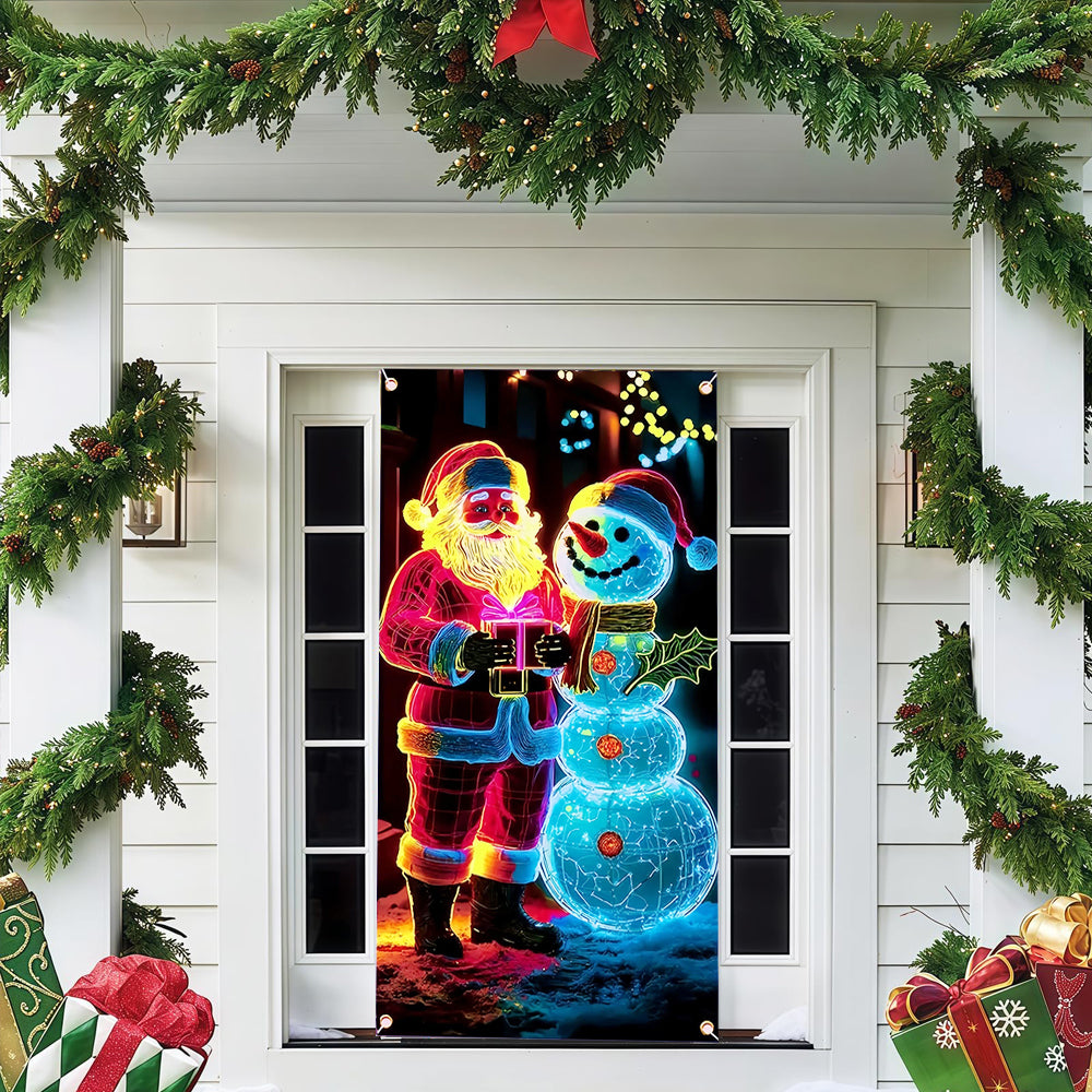90x180cm 2D UV Reactive Christmas Glow Door Curtain - Santa Claus and Snowman