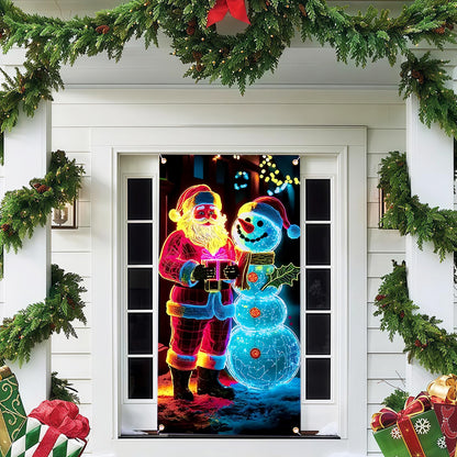 90x180cm 2D UV Reactive Christmas Glow Door Curtain - Santa Claus and Snowman