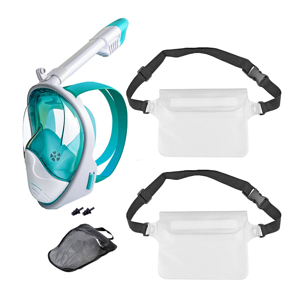Full Face Snorkel Mask with Camera Mount  Anti-Leak Swimming Diving Mask with Waterproof Pouch Bags Green