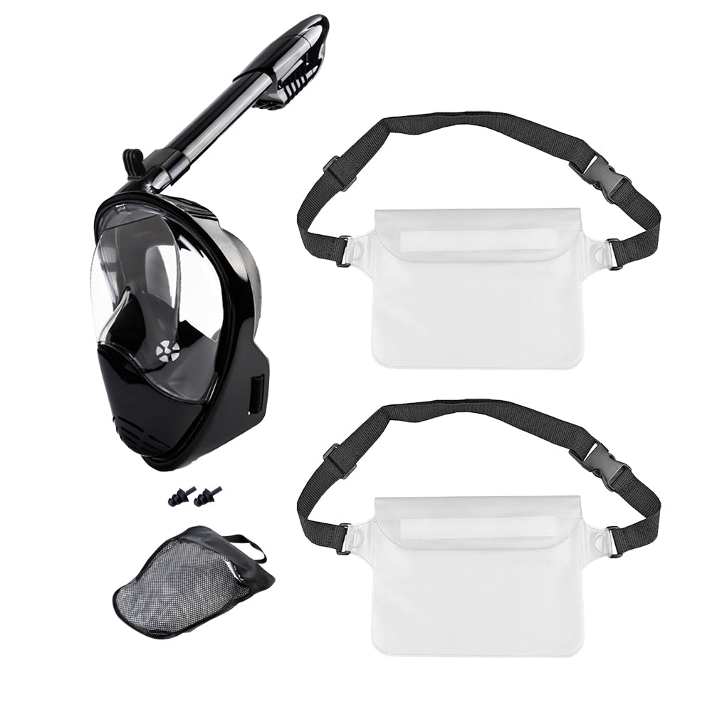 Full Face Snorkel Mask with Camera Mount  Anti-Leak Swimming Diving Mask with Waterproof Pouch Bags Black