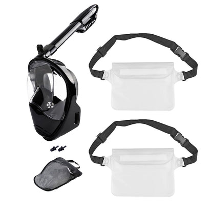 Full Face Snorkel Mask with Camera Mount  Anti-Leak Swimming Diving Mask with Waterproof Pouch Bags Black