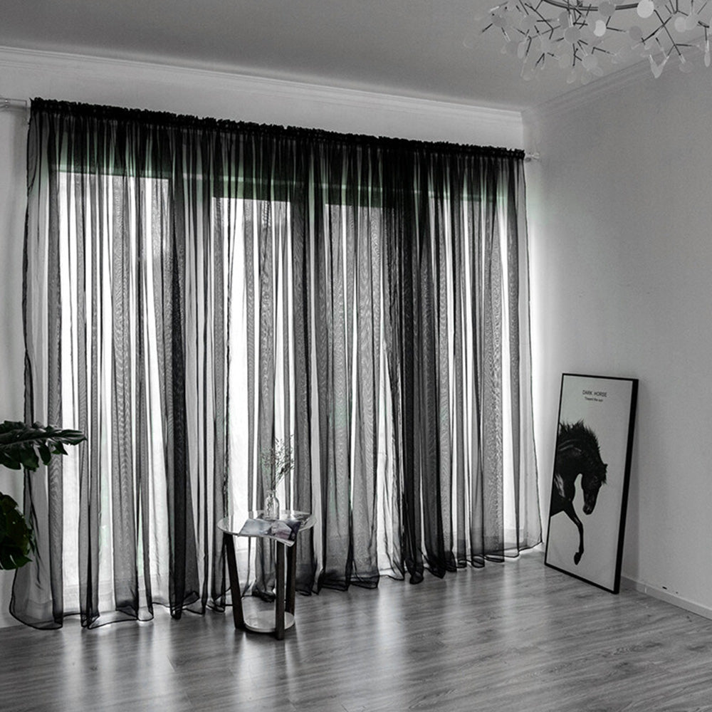 3 Piece Polyester Sheer Rod Pocket Curtains for Window Door  Divider - Black