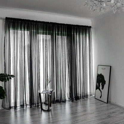 3 Piece Polyester Sheer Rod Pocket Curtains for Window Door  Divider - Black