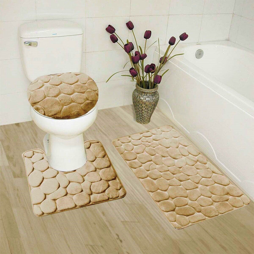 3 Piece Set Bathroom Mats Pebble Pattern Floor Mat Camel