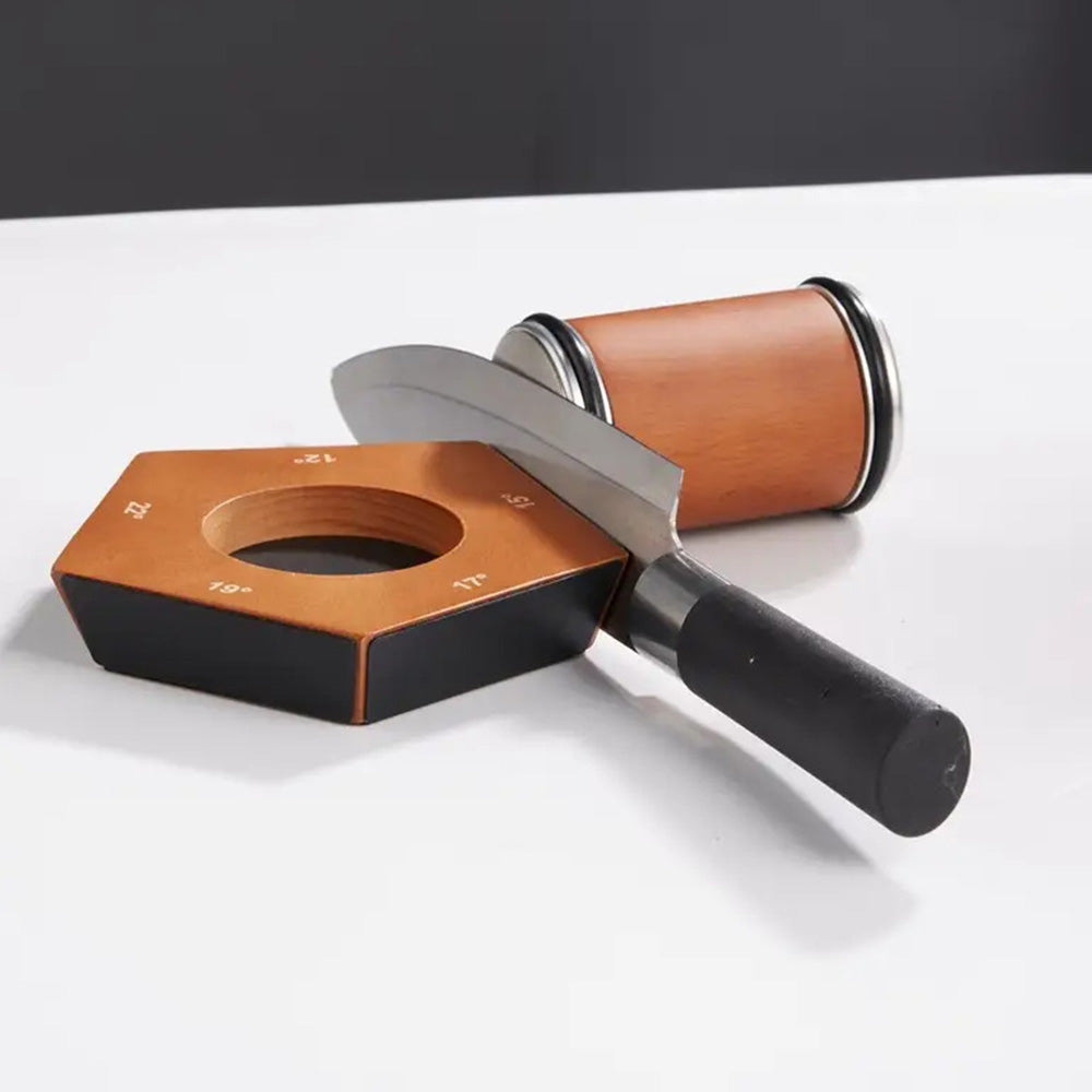 Rolling Knife Sharpener Kit with 6 Diamond Discs and Angle Guide Base - Brown Pentagon