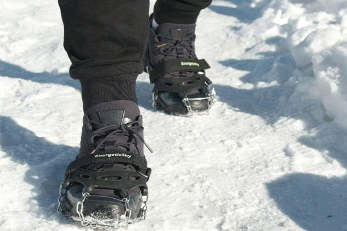 2 Piece Traction Cleats Ice Snow Grips with 10 Stainless Steel Spikes - Black