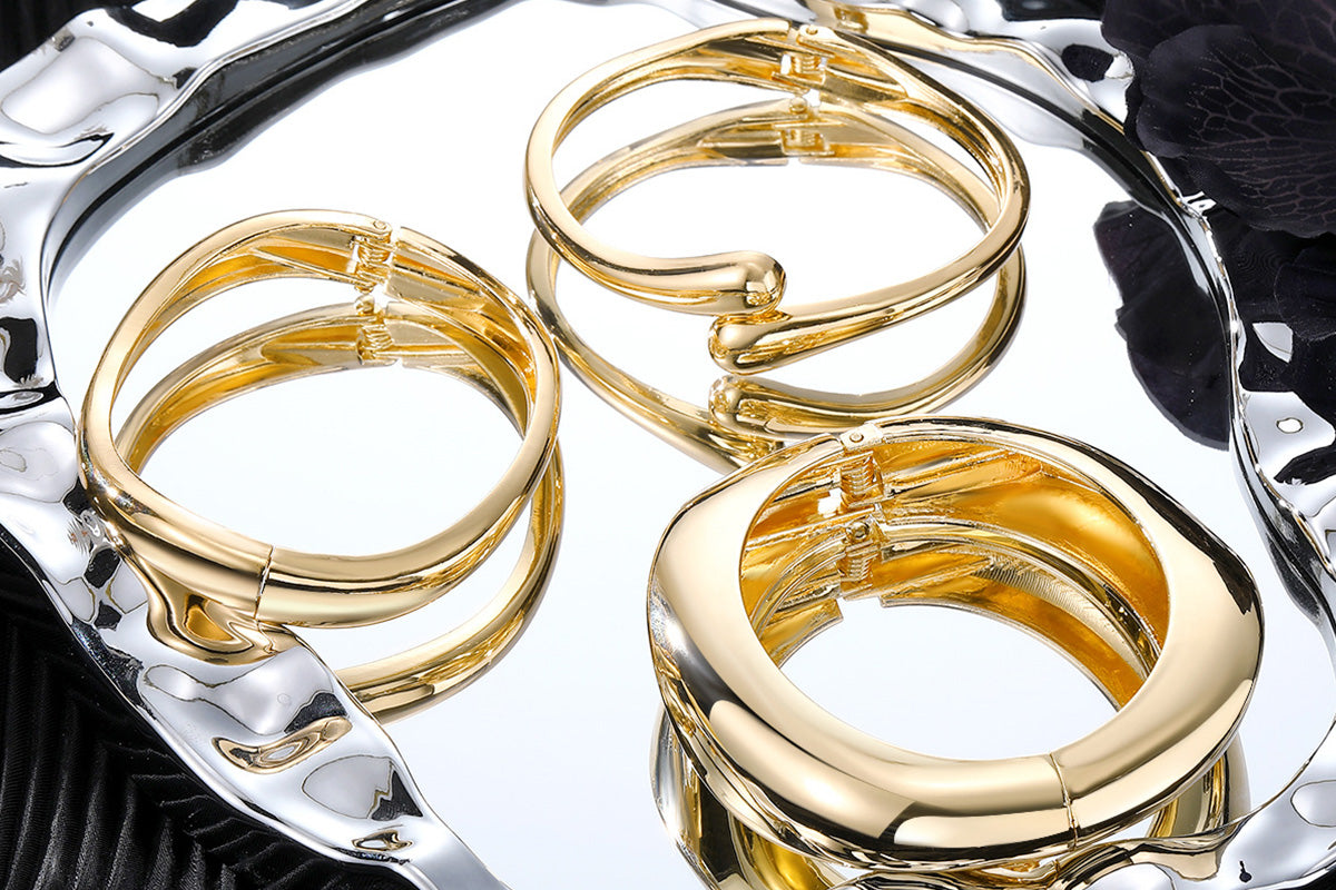 3Pcs Chunky Gold Bangle Bracelets Wide Wrist Cuff Stackable Jewelry Gift-Gold