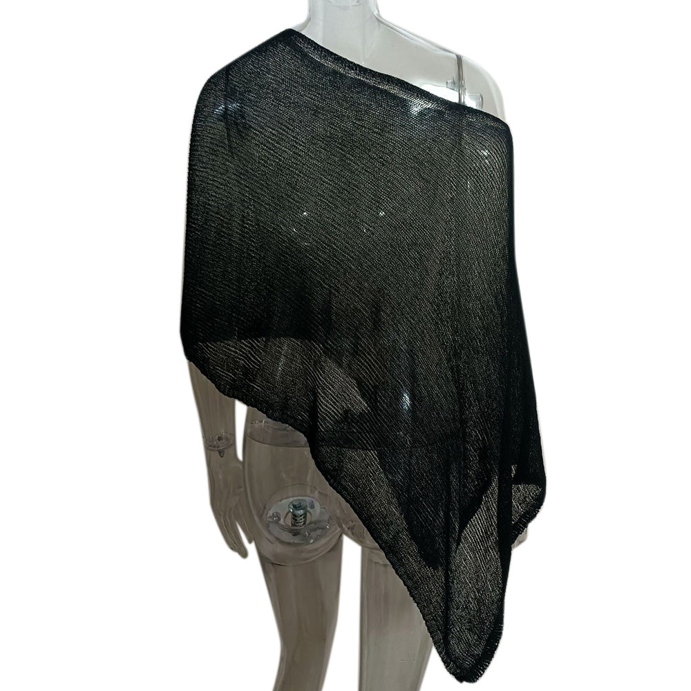 Summer Irregular Sheer Poncho Shawl Beach Cover Up - Black