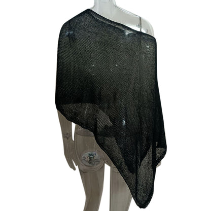 Summer Irregular Sheer Poncho Shawl Beach Cover Up - Black