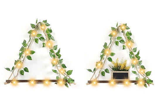 2Pcs Artificial Ivy LED Strip Wall Hanging Shelves Macrame Shelf For Bedroom