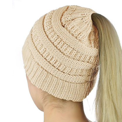 Winter Cable Knit Ponytail Beanie High Bun Crochet Hat - Beige