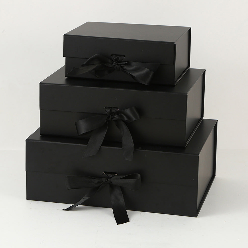 Luxury Foldable Gift Box with Easy Attached Lid and Ribbon - Black