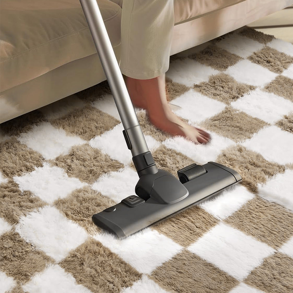 Checkered Plush Shaggy Rug Thickened Non Slip Carpet for Living Room Bedroom-Khaki