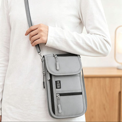 RFID Lined Travel Passport Holder Neck Wallet- Grey