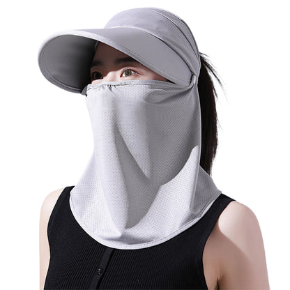 Wide Brim Sun Shade Hat with Ponytail Hole Detachable Breathable Face Cover Neck Flap Grey