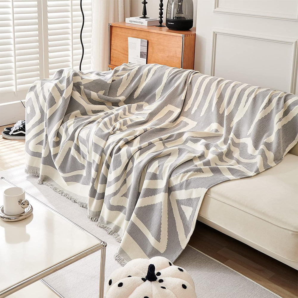 Boho Couch Cover Geometric Sofa Blanket Furniture Protector Grey