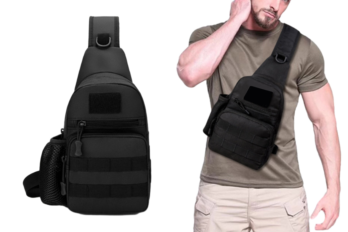 Tactical Sling Bag Pack With Water Bottle Holder Shoulder Messenger Bag-Black