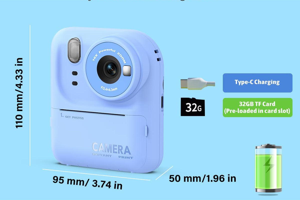 Boy and Girls Camera Instant Print Photo Portable Thermal Printing Camera-Blue