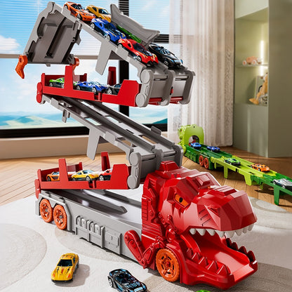 Foldable Dinosaur Truck with Dual Tracks and 6 Small Cars - Red