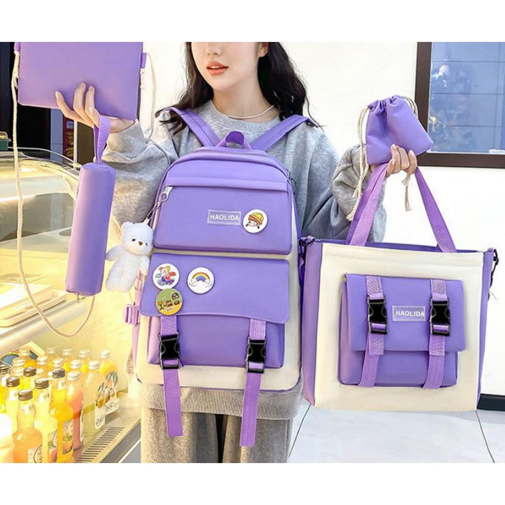 5Pcs Backpack Set for Girls with Tote Bag for Primary Elementary High School-Purple