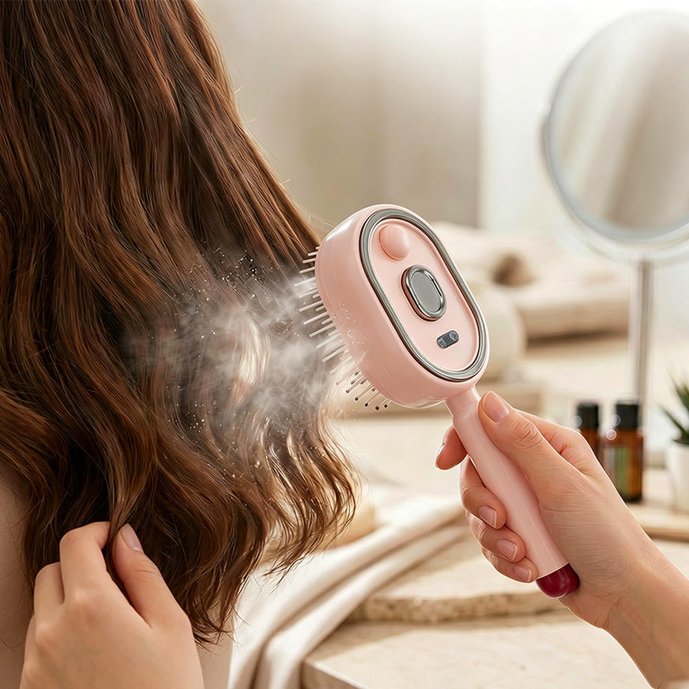 Electric Steam Hair Brush Mist Spray Cushion Comb for Smoothing Frizz-Pink
