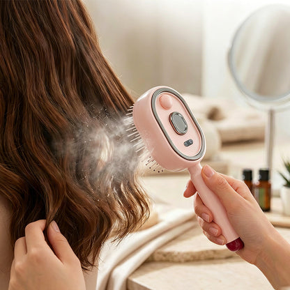 Electric Steam Hair Brush Mist Spray Cushion Comb for Smoothing Frizz-Pink