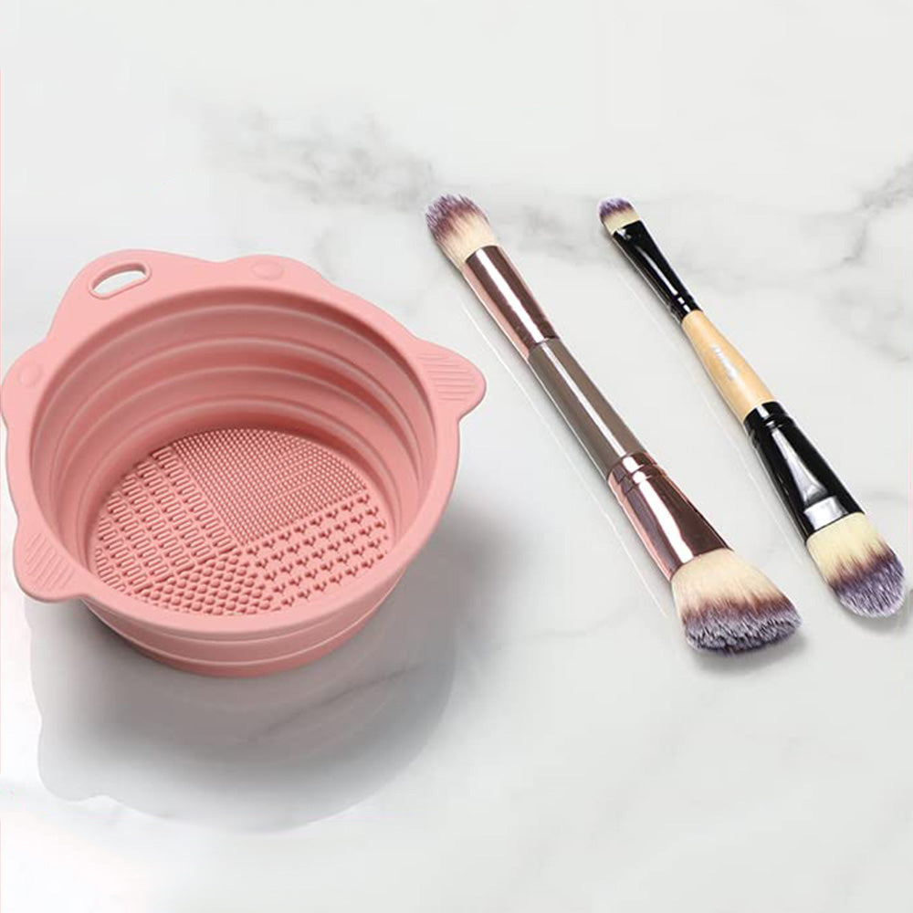 2Pcs Foldable Makeup Brush Cleaner Bowl Portable Silicone Cleaning Tool for Cosmetic Brushes Powder Puffs Sponges Pink