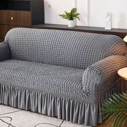 Seersucker Couch Cover with Ruffle Hemline Stretch Sofa Cover -Grey