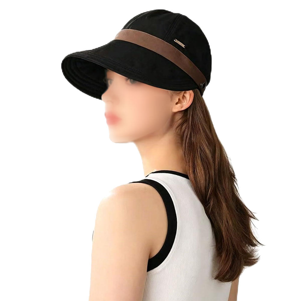 Womens Wide Brim Ponytail Sun Hat Breathable Beach Cap - Black