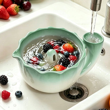 Self-Spinning Ceramic Berry Washing Bowl Set with  2 Fruit Forks - Green