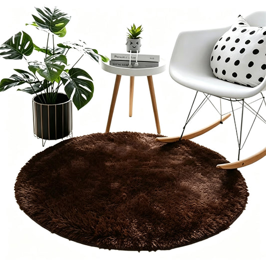 Round Plush Area Rug Soft Fluffy Non Slip Carpet-Coffee