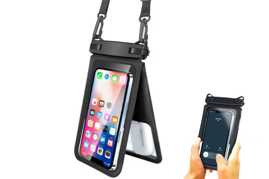 Double Space Water-Resistant Phone Pouch With Lanyard IPX8 Cellphone Case Dry Bag-Black