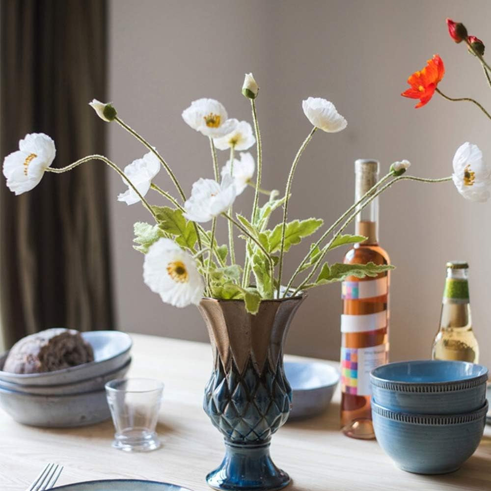 3Pcs 4-Head Artificial Corn Poppy Flowers Flocking Stem Bouquet Home Office Decor White