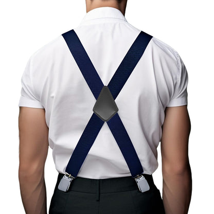 Mens X Back Elastic Suspenders with 4 Metal Clips - Navy