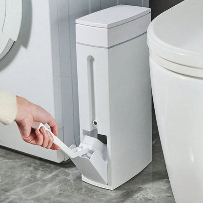 2-in-1 Slim Trash Can and Toilet Brush Set Bathroom Garbage Bin Wastebasket with Lid White