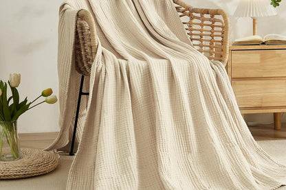 Cotton Muslin Blanket Breathable Soft Muslin Throw Blanket for Adults -Beige