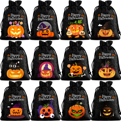 12 Pack Halloween Burlap Drawstring Gift Bags with Pumpkin Ghost Designs - Black