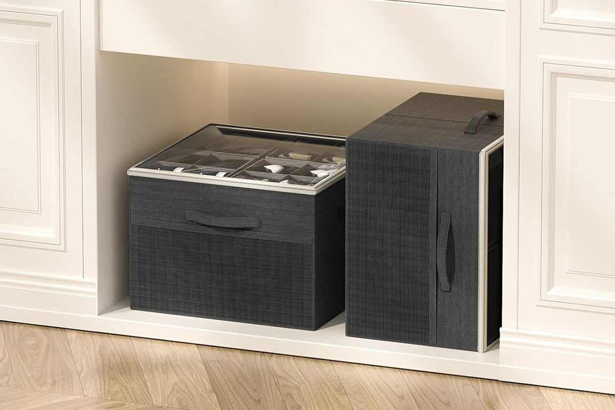 Shoe Organizer Foldable Shoe Storage Containers with Dividers and Lid-Blakc