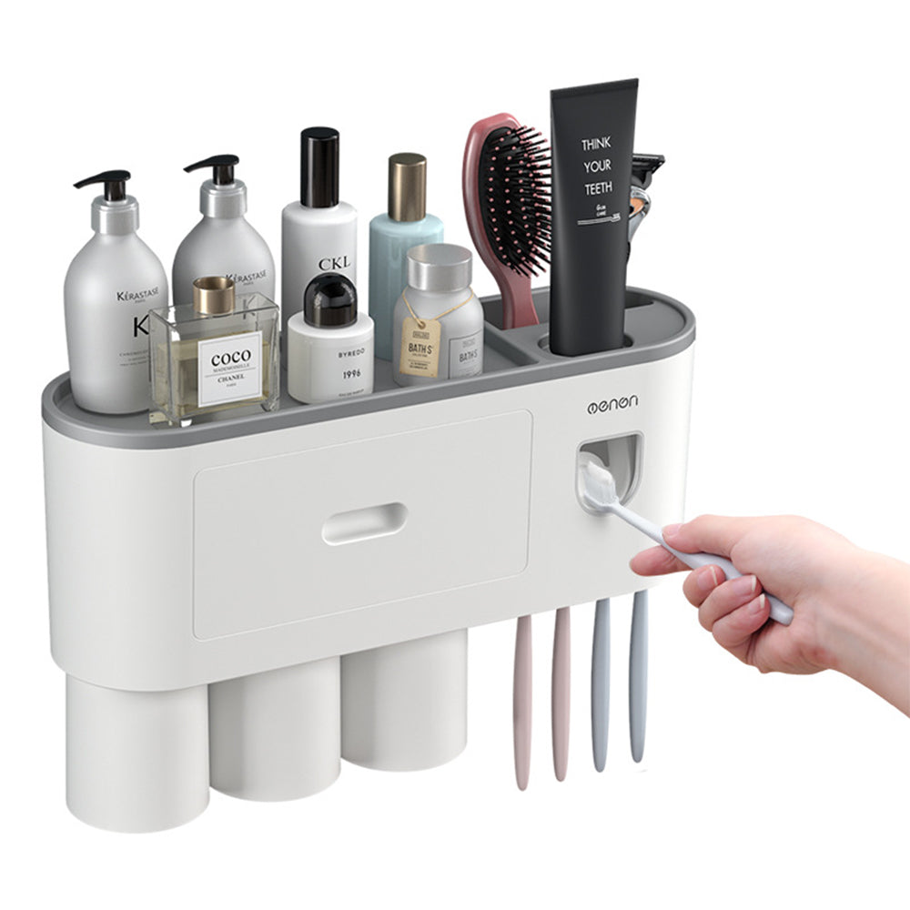 Wall Mounted Toothbrush Holder for Bathroom Automatic Toothpaste Dispenser Kit-Gray