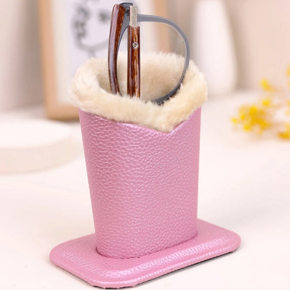 Soft Plush Lined Eyeglasses Desk Holder PU Leather Glasses Display Stand With Base-Pink