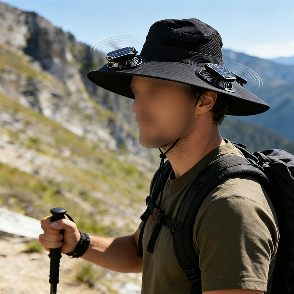 Solar Fan Hat with 3 Fans and USB Charging Cooling Hat - Black