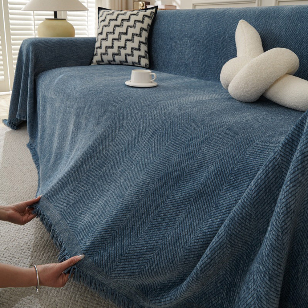 Herringbone Tassel Sofa Throw Cover Large Blanket for Couch Furniture Protector-Blue