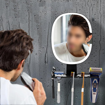 Bathroom Anti Fog Mirror with Lights Built In Shelf No Drilling Installation for Shower Room-Round