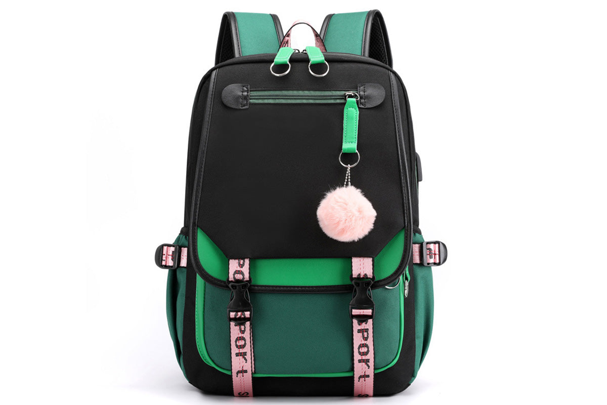 Girls Backpack Middle School Students Bookbag with USB Charge Port-Green