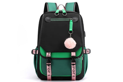 Girls Backpack Middle School Students Bookbag with USB Charge Port-Green
