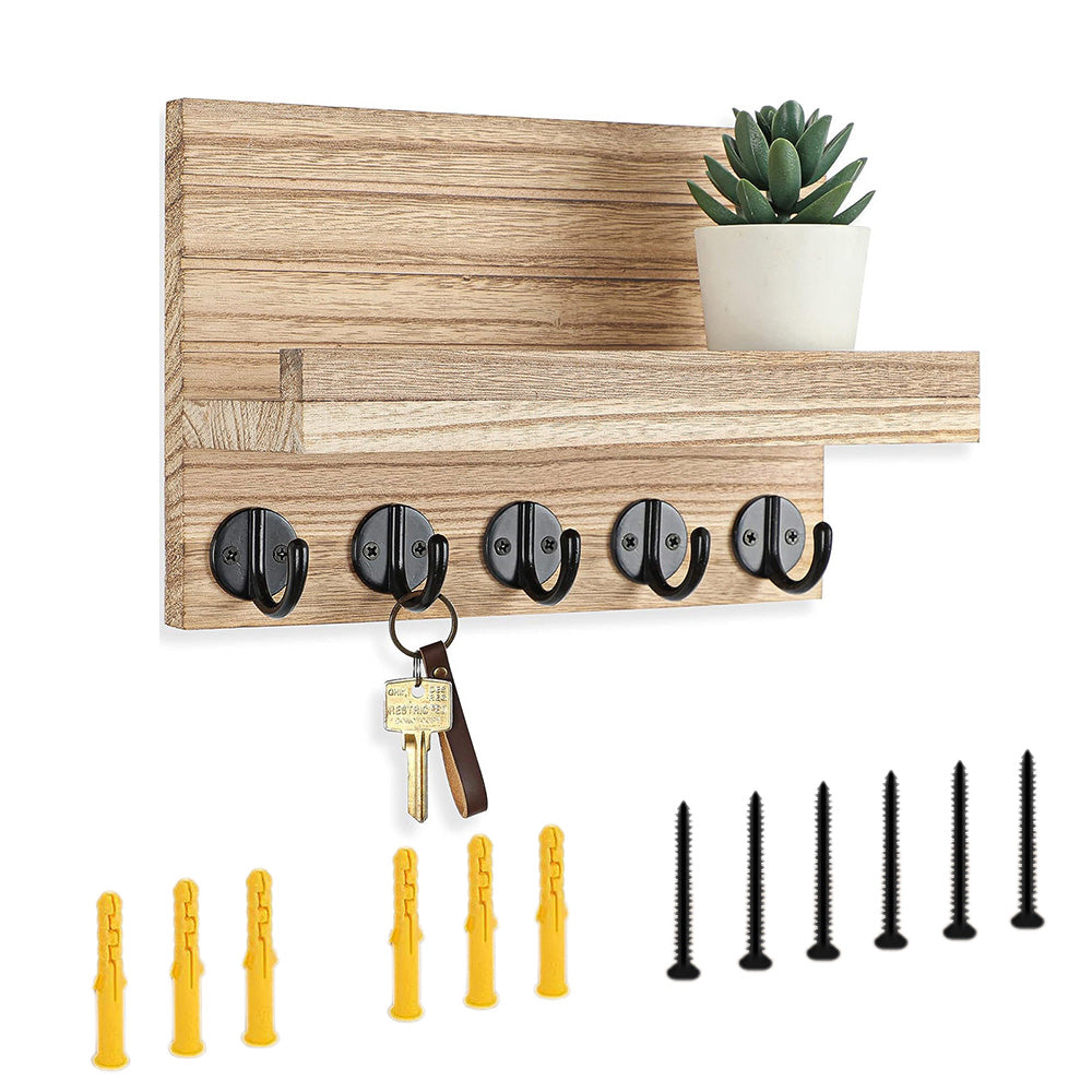 Rustic Wall Mounted Mail and Key Holder Organizer with Hooks for Entryway Wood Color