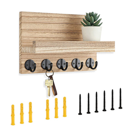 Rustic Wall Mounted Mail and Key Holder Organizer with Hooks for Entryway Wood Color